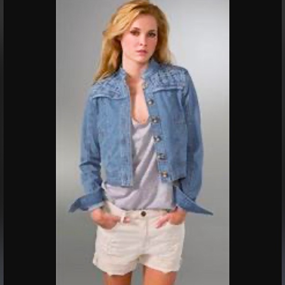 ✨ Mike & Chris ✨ Lattice Weave Cropped Jean Denim Jacket Button Up Size Small - Picture 4 of 10